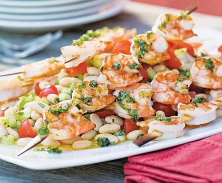 WHITE BEAN SALAD WITH GRILLED SHRIMP ON SKEWERS