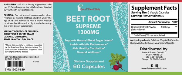 Beet Root Supreme, 1300mg, Non-GMO, Pure Vegan, Blood Pressure Support, 60 Capsules - Lose A Pound Daily