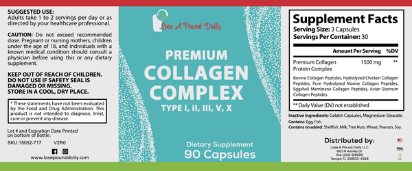 Collagen Complex, Types I, II, III, V & X. Protein Grass Fed Blend, 90 Capsules, 1500mg - Lose A Pound Daily