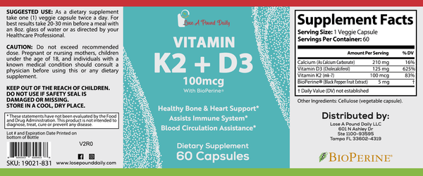 Vitamin K2 (MK7) + D3, 100mcg, 5000IU Supplement, 60 Capsules - Lose A Pound Daily